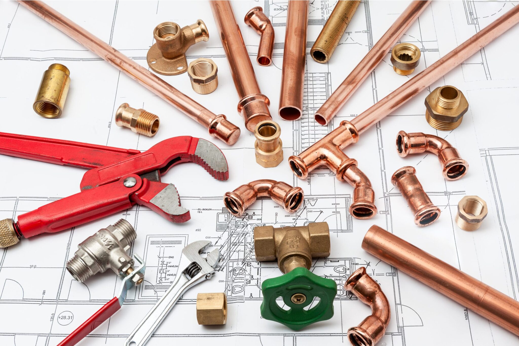 Copper pipes, fittings, valves, and plumbing tools in Spring Valley