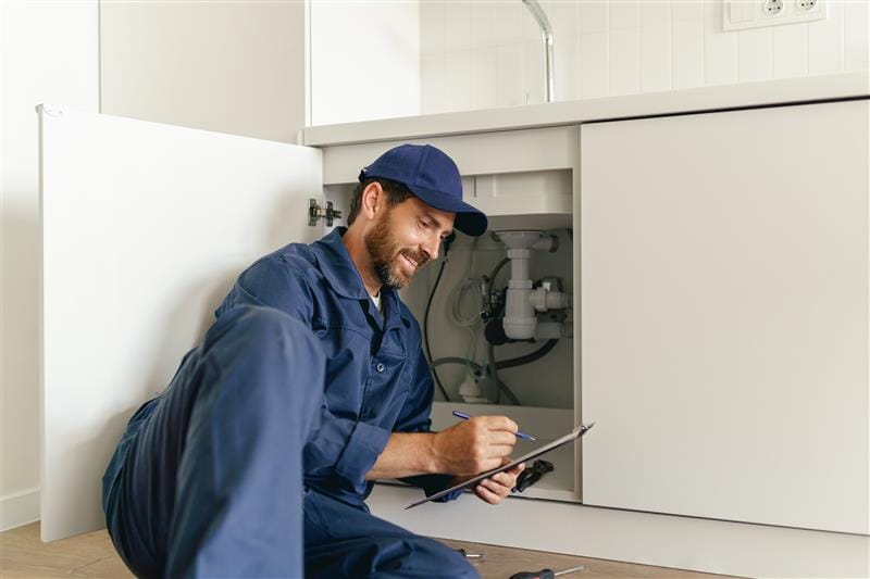 Residential plumber reviewing plumbing repairs in a Spring Valley kitchen