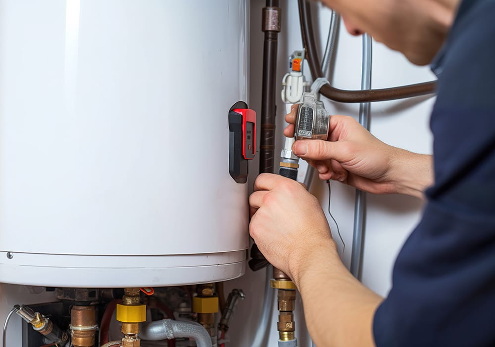 Technician repairing pipes connected to a water heater in Spring Valley